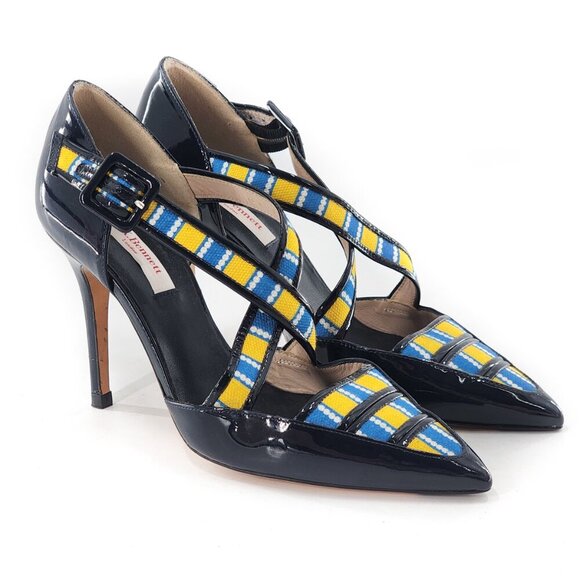L.K. BENNETT Monica Criss-Cross Pointed Toe Pump Navy Patent Leather - Picture 1 of 9